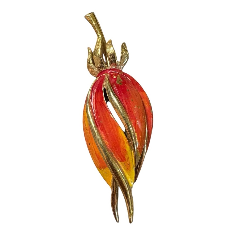 Pagnano Hand-Painted Enamel Tulip Pod Brooch – Red & Yellow w/ Gold Accents JB9